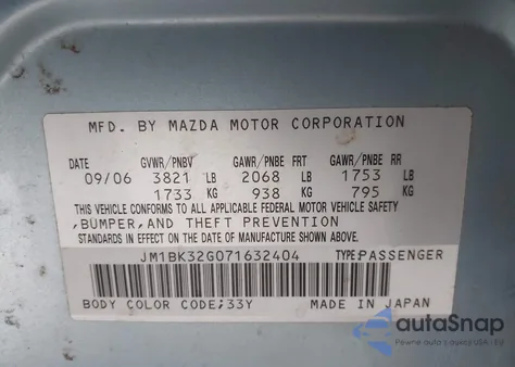 2007 Mazda Mazda3 I Touring z USA, uszkodzony, nr VIN JM1BK32G071632404